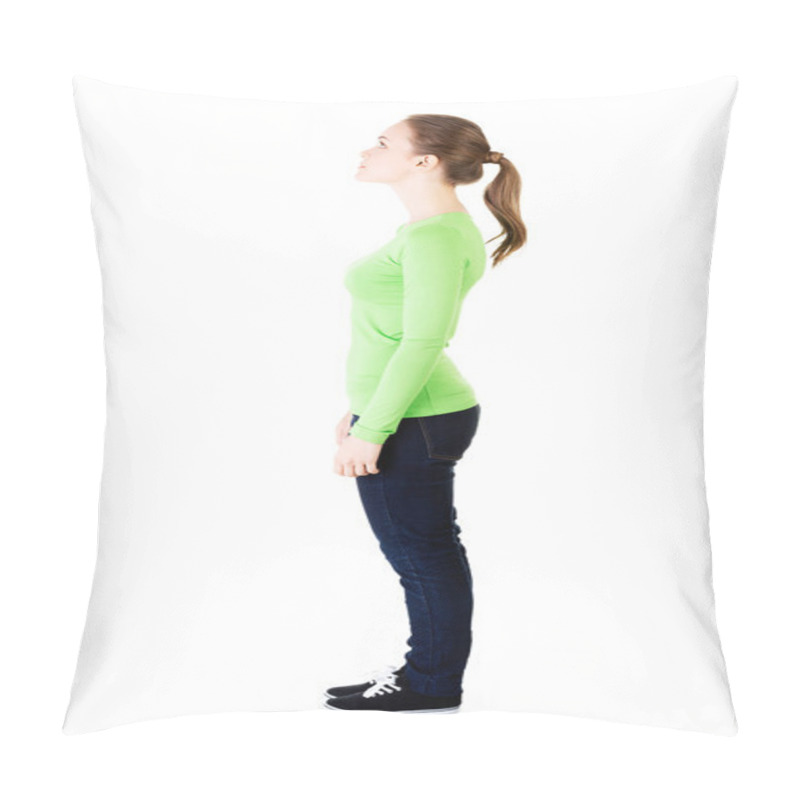 Personality  Attractive Woman Standing And Looking Up. Side View. Pillow Covers