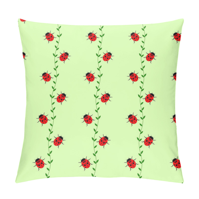 Personality  Seamless Vector Pattern With Insects, Symmetrical Background With Bright Little Ladybugs And Branches With Leaves, On The Green Backdrop Pillow Covers