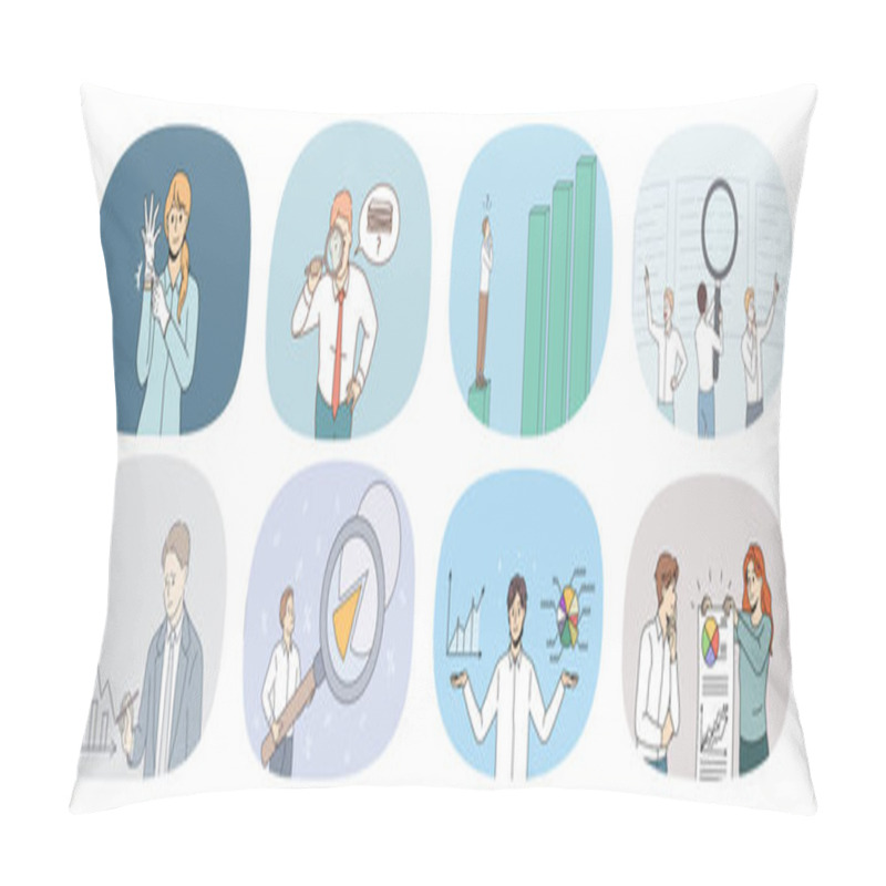 Personality  Set Of Diverse Office Employees Work With Charts And Diagrams Explore Financial Statistics. Collection Of Businesspeople Brainstorm Develop Finance Startup. Banking Concept. Vector Illustration.  Pillow Covers