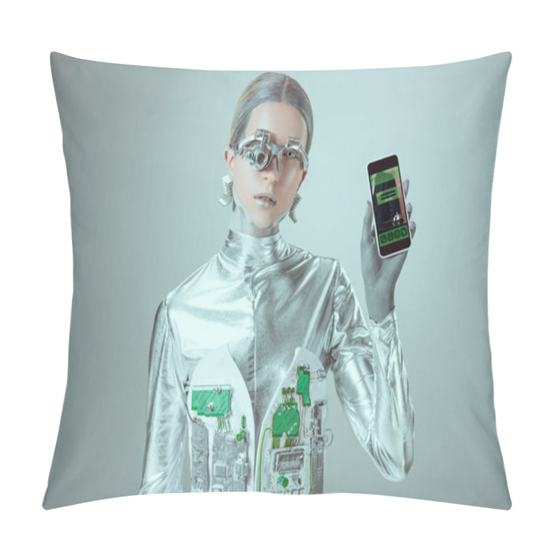 Personality  Robot Holding Smartphone With Booking Application And Looking At Camera Isolated On Grey, Future Technology Concept    Pillow Covers