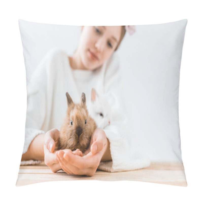 Personality  Close-up View Of Girl Holding Cute Furry Rabbits On White Pillow Covers