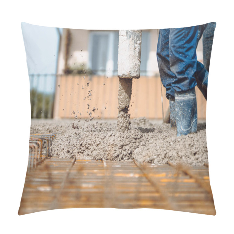 Personality  Worker Pouring Concrete With Automatic Pipe Pump. Details Of Construction Site And Close Up Details Of Worker Workwear Pillow Covers