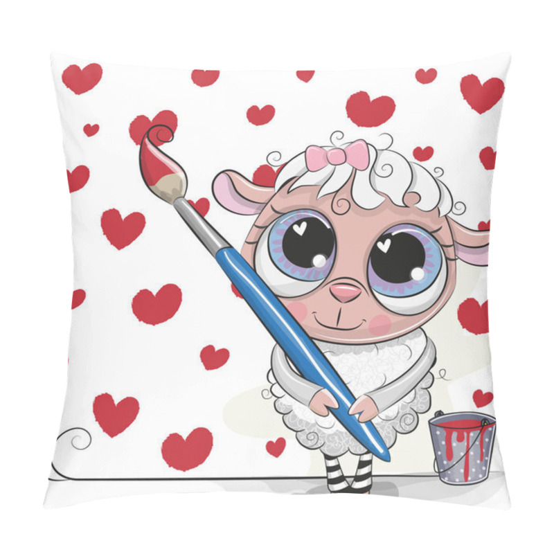 Personality  Cute Sheep With Brush Is Drawing A Hearts Pillow Covers