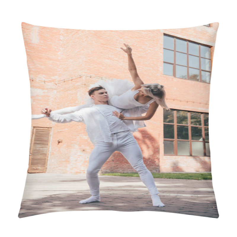 Personality  Young Ballet Dancers In White Clothes Dancing On City Street  Pillow Covers