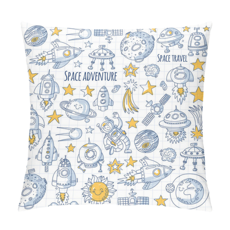 Personality  Space, Satellite, Moon, Stars, Spacecraft, Space Station Space Hand Drawn Doodle Icons And Patterns Pillow Covers