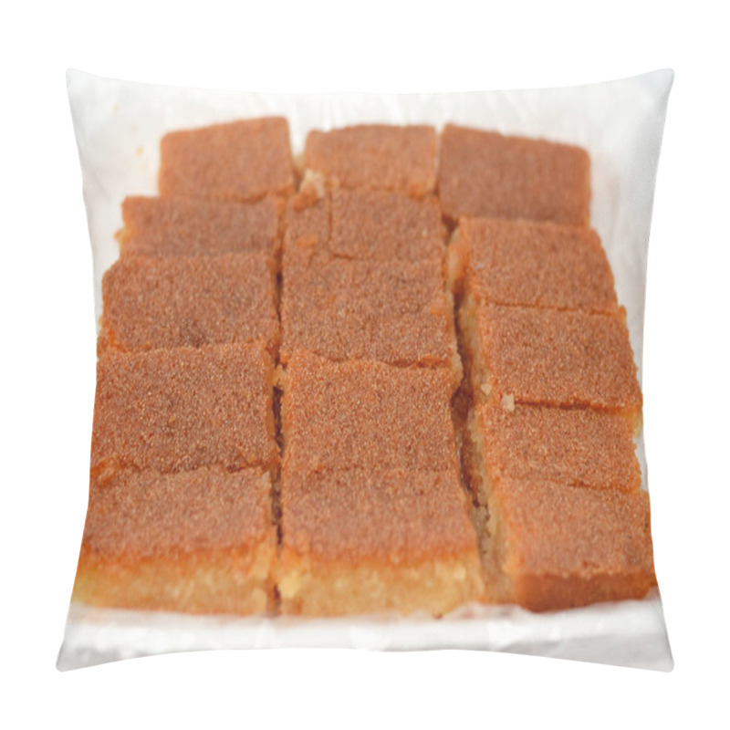 Personality  Plain Basbosa Or Basbusa Cut Into Pieces With Honey Sugary Syrup On It, Basbusa Is A Middle Eastern Dessert That Is Usually Baked In Ramadan Month, Arabian Sweet Cuisine Background, Selective Focus Pillow Covers