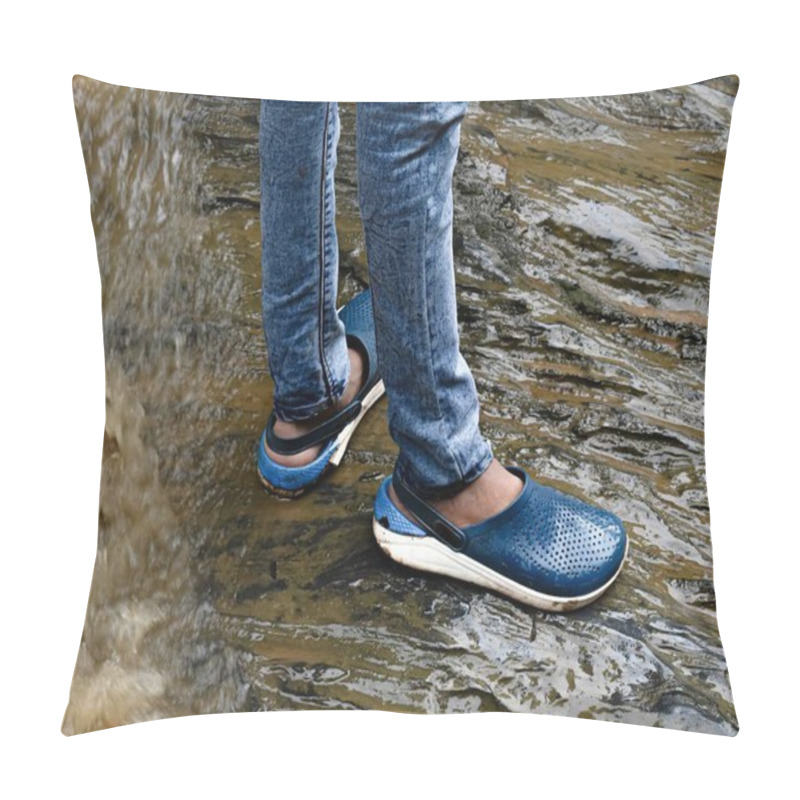 Personality  Human Legs Safely Standing On A Wet Rock Surface ,water Flowing Behind In The City Of Yellapur, Karnataka/India - 08/13/2020 Pillow Covers