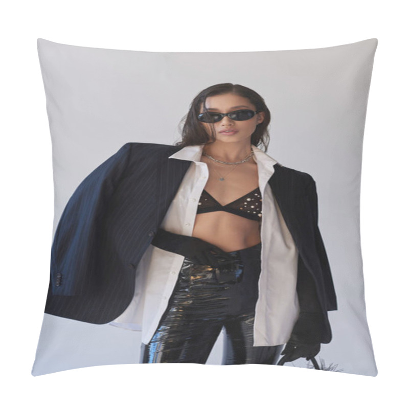 Personality  Personal Style, Brunette Asian Woman In Dark Sunglasses Posing With Feathered Purse On Grey Background, Young Model In Latex Shorts, Bra, Blazer And Black Gloves, Youth And Style  Pillow Covers