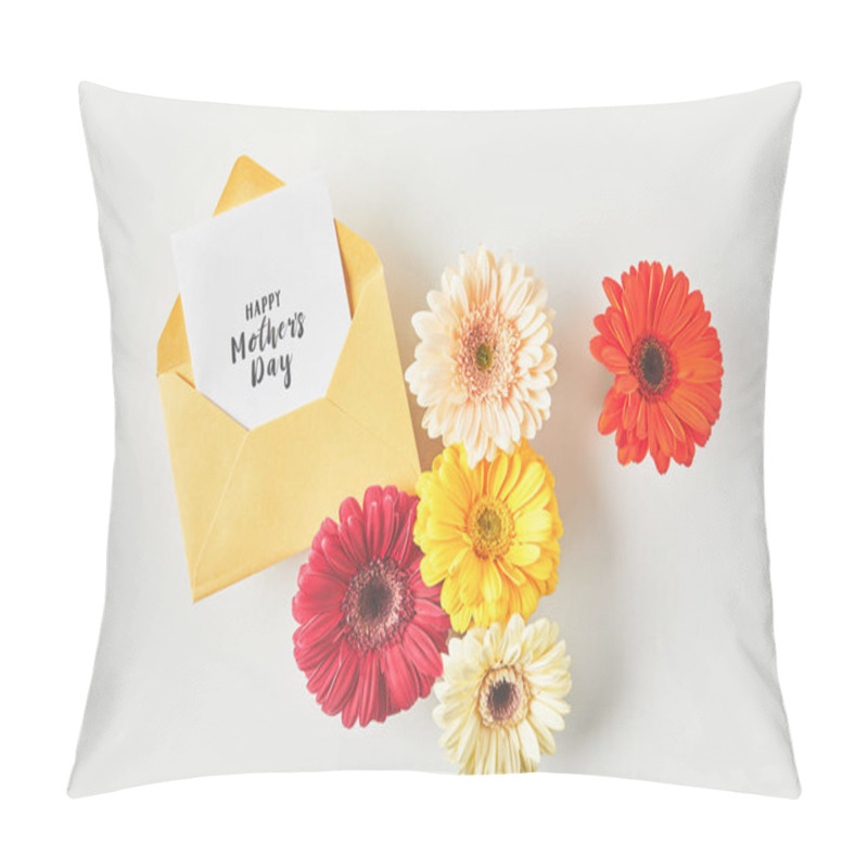 Personality  Top View Of Happy Mothers Day Greeting Card And Beautiful Gerbera Flowers On Grey Pillow Covers