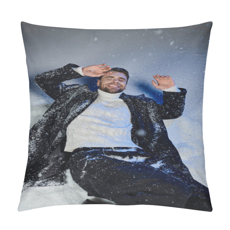 Personality  A Handsome Man Smiles Brightly While Playfully Lying In The Snow, Surrounded By Winter Scenery. Pillow Covers