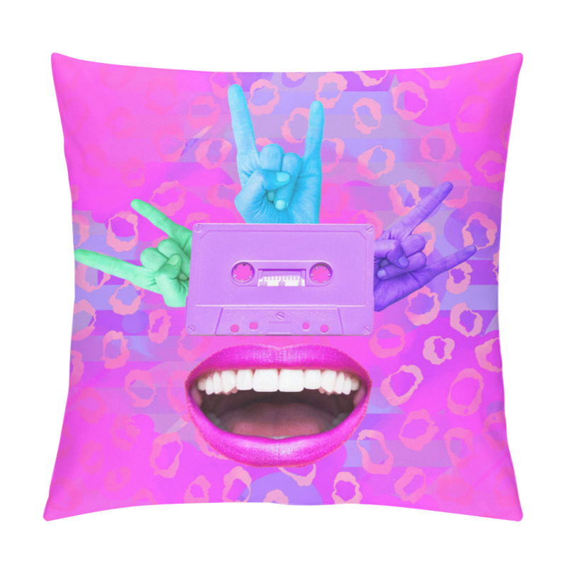 Personality  Contemporary Minimal Art Collage Audio Cassette, Hand And Smile Mouth On Abstract Purple Background. Retro Party, Music Concept Pillow Covers