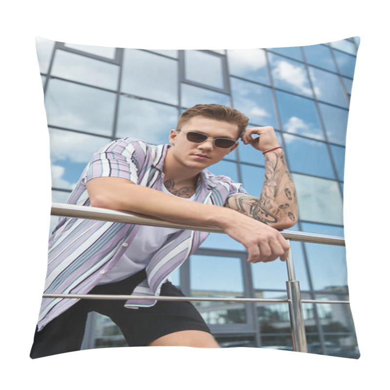 Personality  Handsome Young Man With Tattoos And Prosthetic Leg Stands On Balcony Against City Backdrop. Pillow Covers