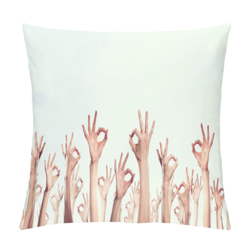 Personality  Group Of People Rise Hands . Mixed Media Pillow Covers