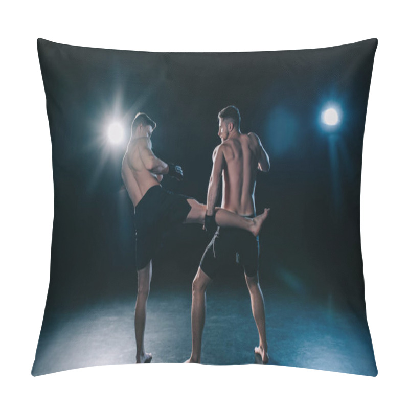 Personality  Back View Of Shirtless Mma Fighter Kicking Another Sportsman During Muay Thai Training Pillow Covers