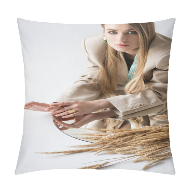 Personality  Model Looking At Camera Near Wheat Spikelets And Mirror On White Pillow Covers