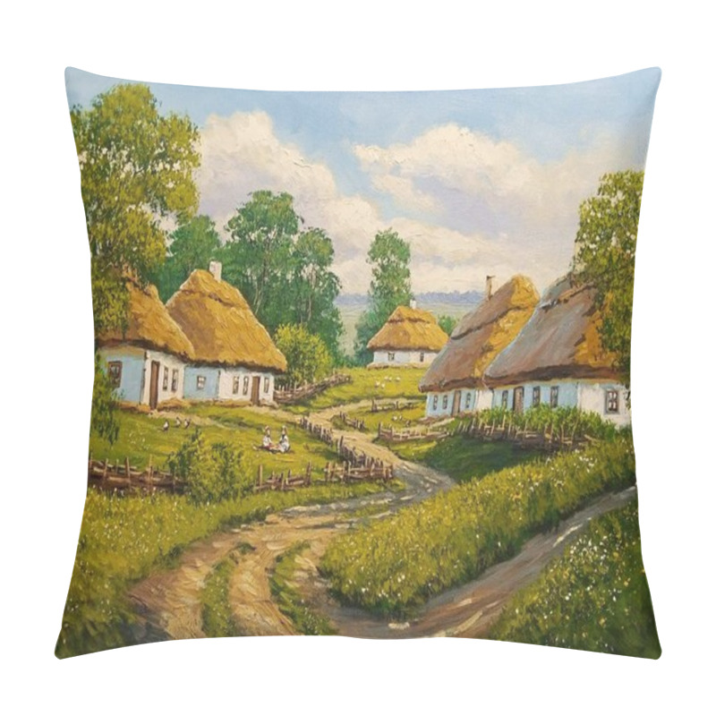 Personality  Beautiful Rural Landscape, Old Ukrainian Houses Surrounded By A Blooming Garden Of Flowers, A Wooden Fence And Thatched Roofs, Traditional House In The Old Village Pillow Covers