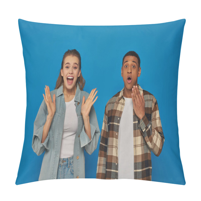 Personality  Happy Interracial Couple Screaming From Joy Looking At Camera On Blue Backdrop, Reacting Emotionally Pillow Covers