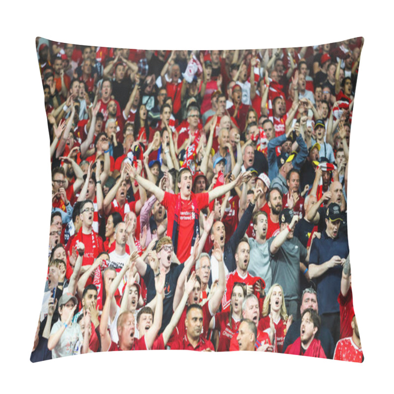 Personality  KYIV, UKRAINE  26 MAY, 2018: Liverpool Football Club Fans During The 2018 UEFA Champions League Final Match Real (Madrid)  Liverpool On The Olympic Stadium  Pillow Covers