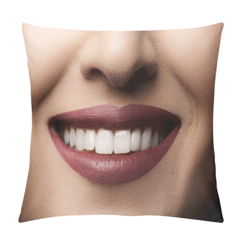 Personality  Close-up Happy Female Smile With Healthy White Teeth, Bright Magenta Lips Make-up. Cosmetology, Dentistry And Beauty Care. Macro Of Woman's Smiling Mouth Pillow Covers