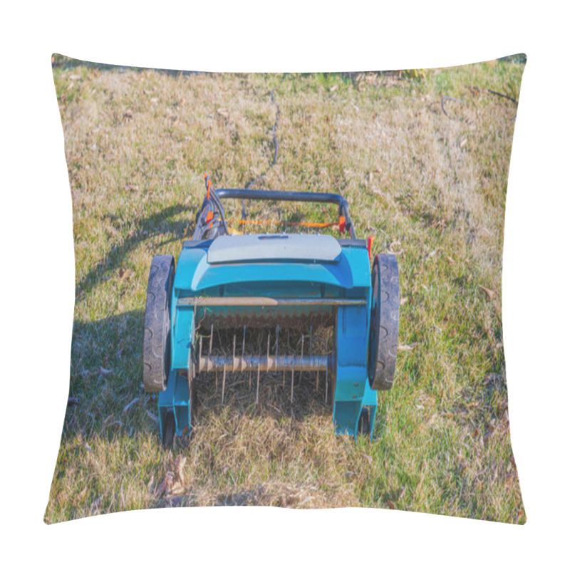 Personality  Close Up View Of Lawn Treatment With Electric Aerator With Special Blade To Prepare For Summer Season. Sweden. Pillow Covers