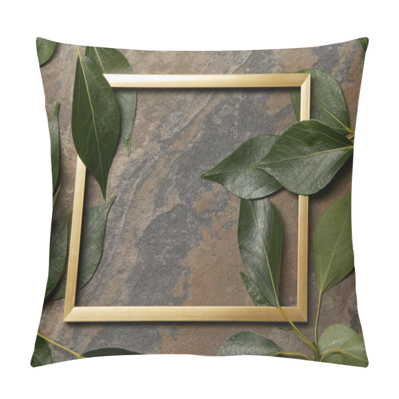 Personality  Empty Golden Frame On Stone Background With Copy Space And Green Leaves Pillow Covers