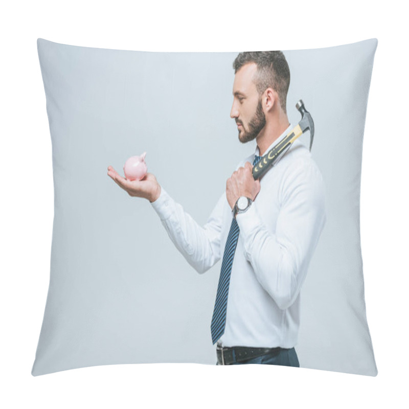 Personality  Side View Of Financier Holding Piggy Bank And Hammer Isolated On Grey Pillow Covers