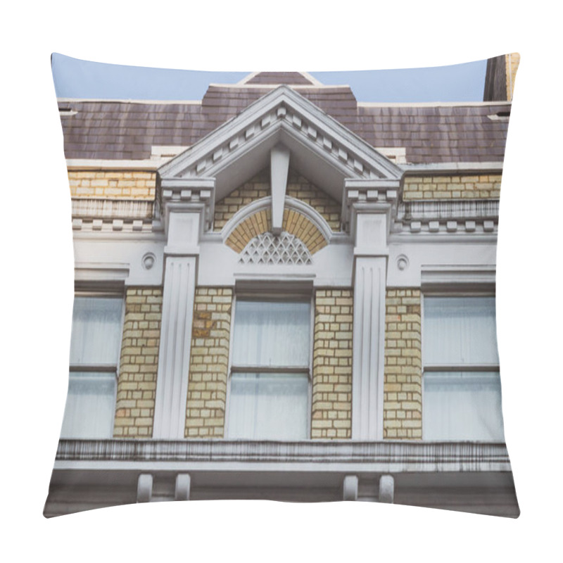 Personality  Classical Architectural Details Of A Neoclassical Building Facade With White Columns And Ornate Pediment Against Light Yellow Brickwork Pillow Covers