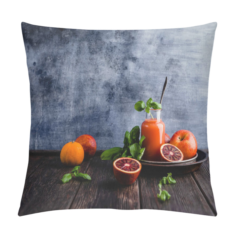 Personality  Delicious Blood Oranges Juice In Glass On Rustic Wooden Board Pillow Covers