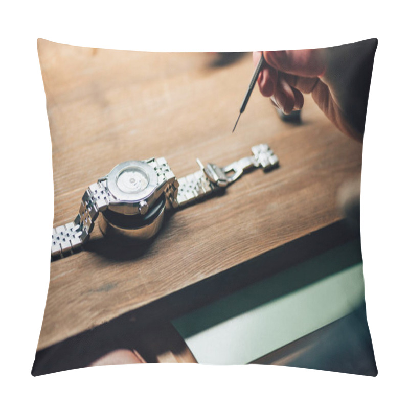 Personality  Cropped View Of Watchmaker Working With Screwdriver And Wristwatch On Stand On Table Pillow Covers