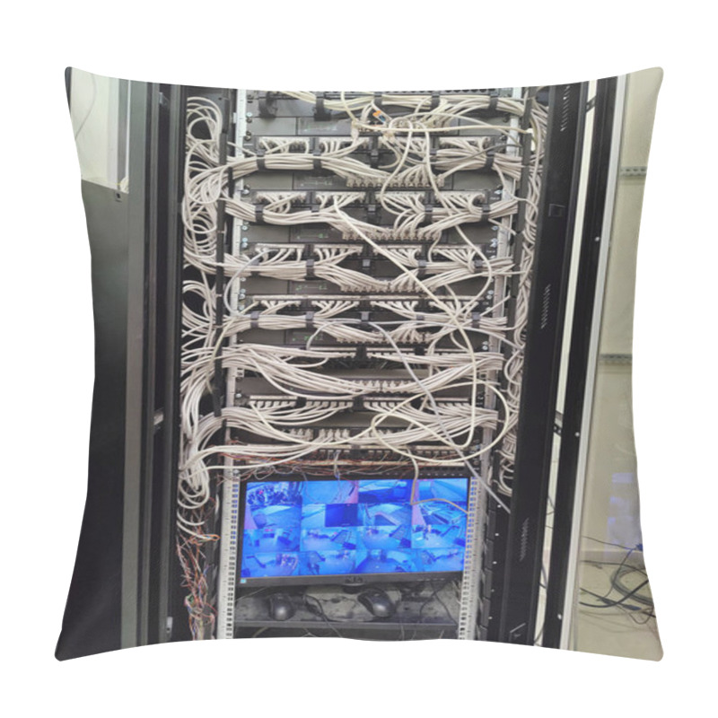 Personality  Complex Network Server With Dense Cable Management And Surveillance Screen, Reflecting Connectivity And Security Infrastructure Pillow Covers