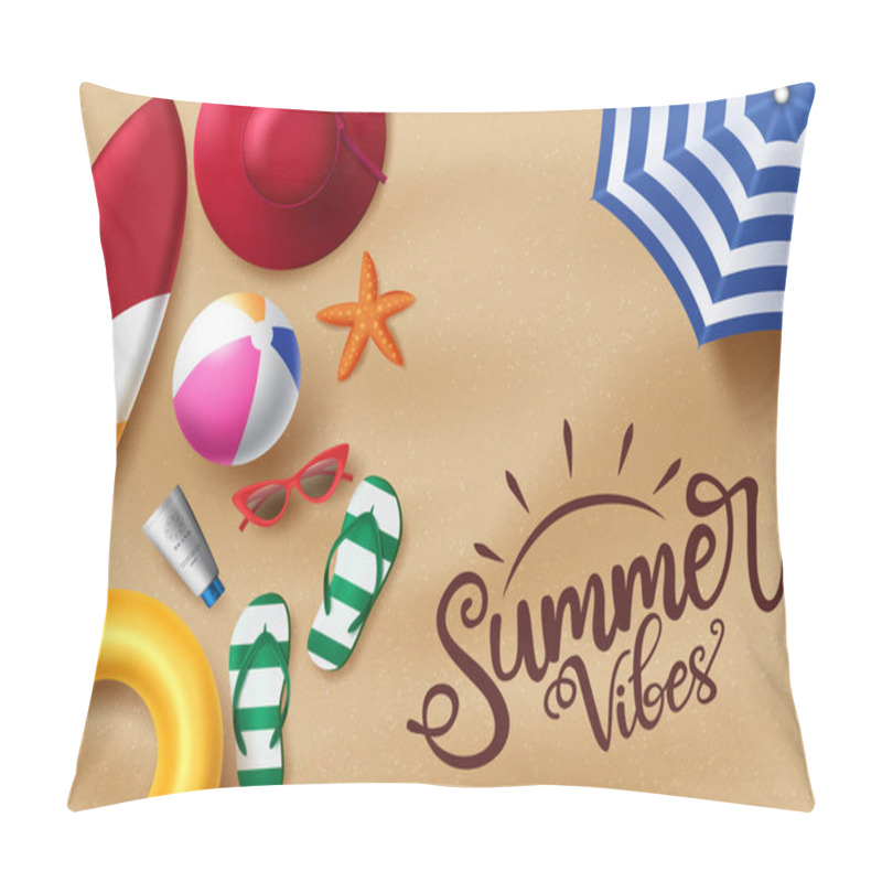 Personality  Summer Beach Vector Banner Design. Summer Vibes Text In Beach Sand Background With Realistic Beach Elements Like Surfboard, Flip Flop, Beach Ball, Sunglasses, Umbrella And Lifebuoy. Vector Illustration  Pillow Covers