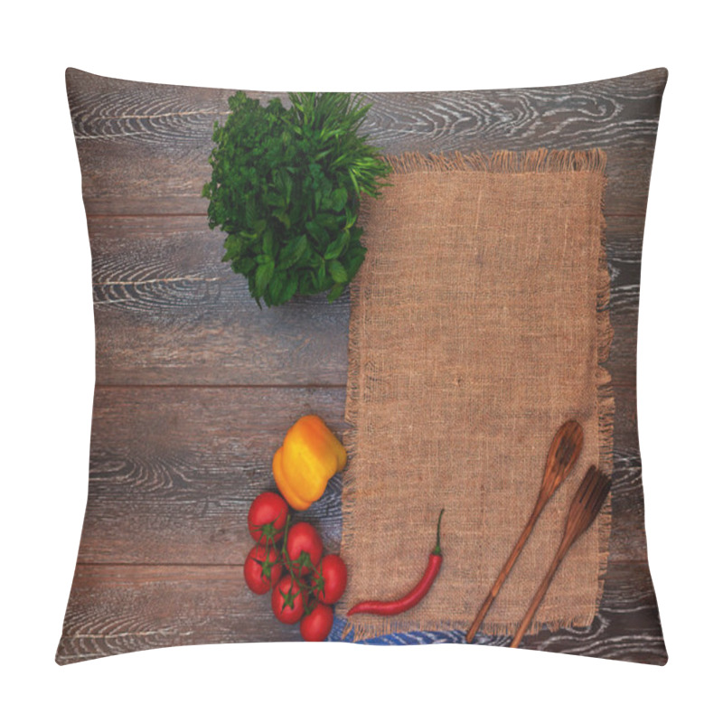 Personality  On The Wooden Table Is For Table Linen Cloth, A Wooden Spoon And Fork, Yellow Peppers Bunch Of Parsley And Cherry Tomatoes On A Branch Pillow Covers