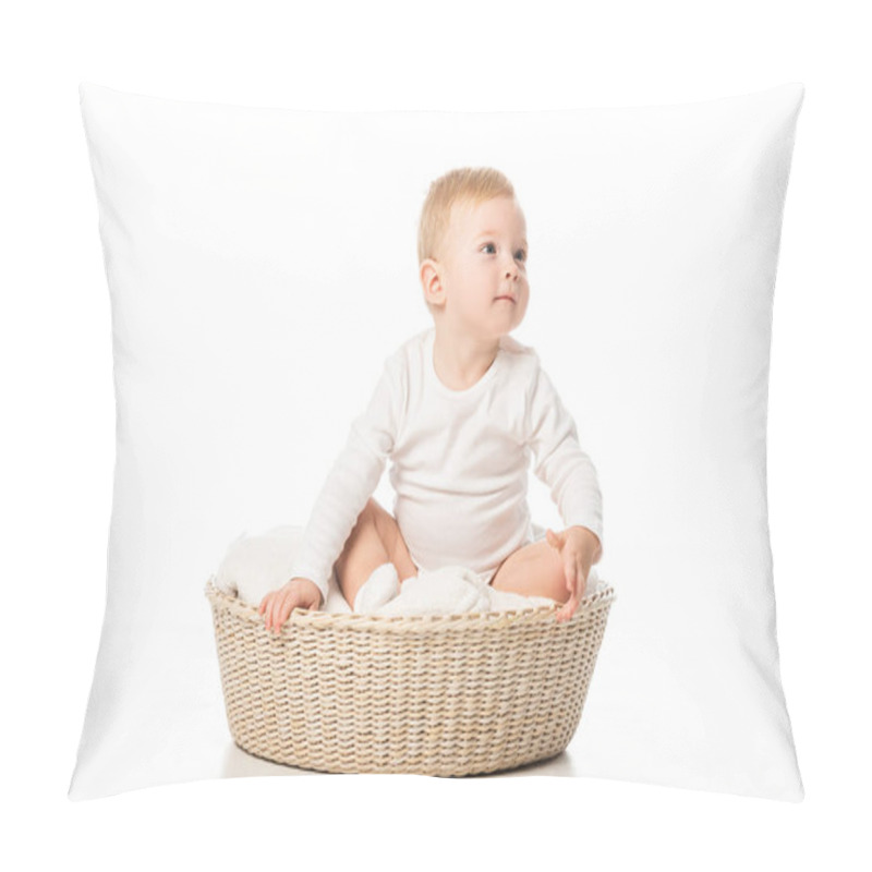 Personality  Cute Child Looking Away And Sitting On Blanket In Basket On White Background Pillow Covers