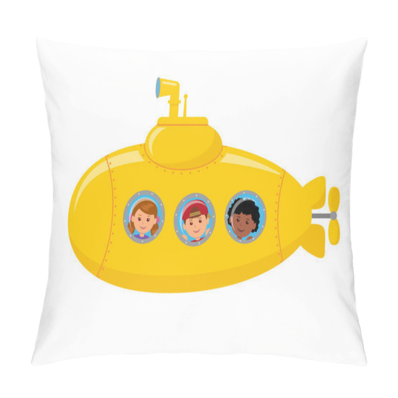 Personality  Yellow Submarine With Children On Board. Children Looking At The Porthole. Isolated Vector Illustration Of A Underwater Journey. Pillow Covers