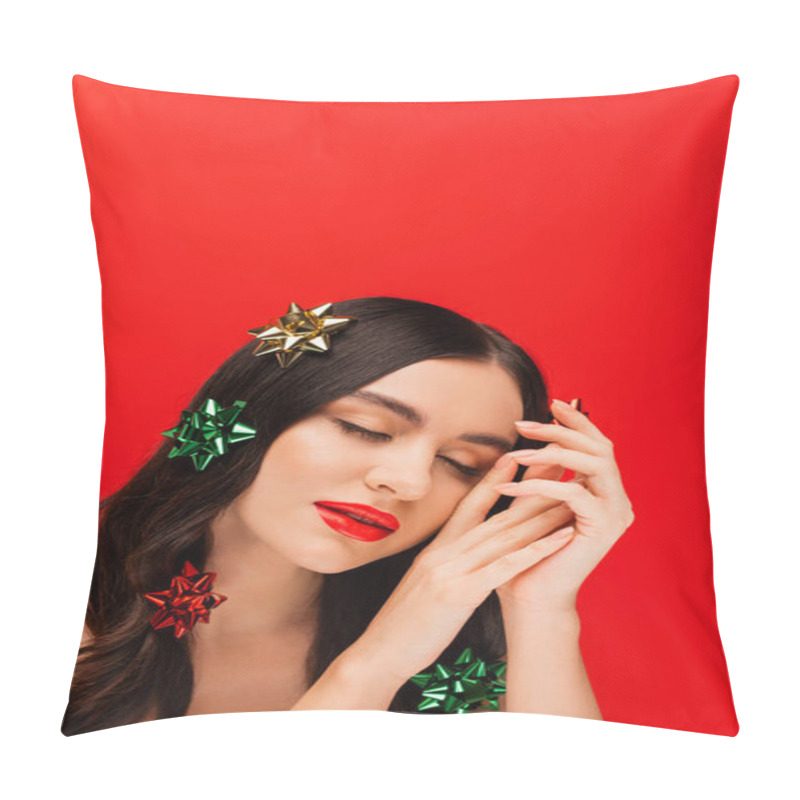 Personality  Woman With Visage And Gift Bows On Hair Posing Isolated On Red  Pillow Covers