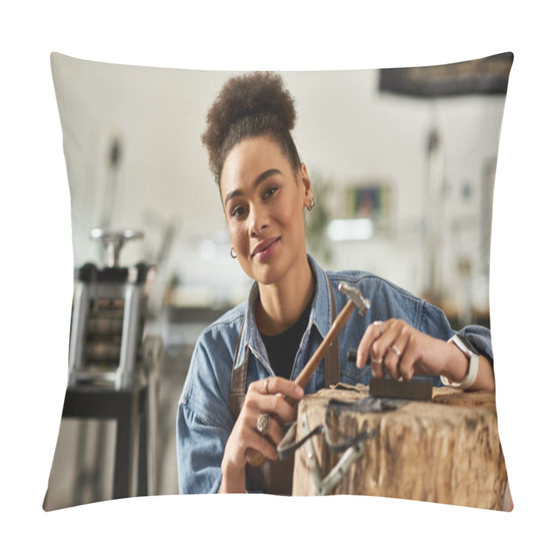 Personality  A Talented Woman Beams Confidently While Working On Intricate Jewelry Crafting. Pillow Covers