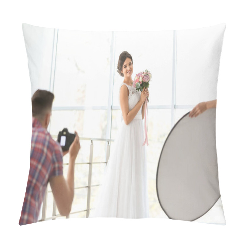 Personality  Professional Photographer Taking Photo Of Beautiful Bride In Studio Pillow Covers