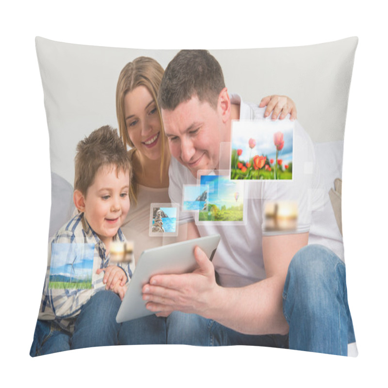 Personality  Young Happy Family Watching Their Photo And Video Files Using Mo Pillow Covers