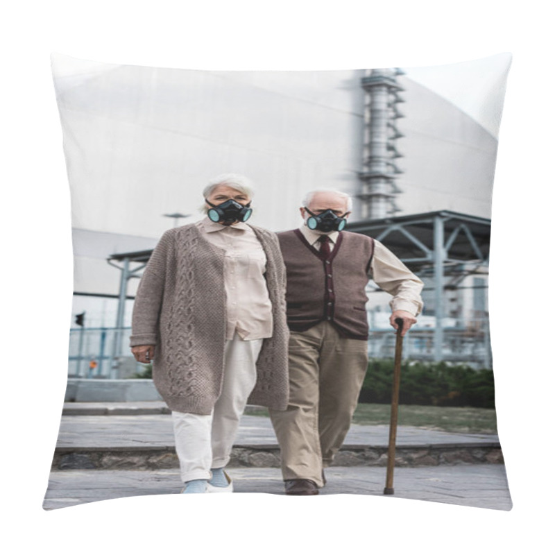 Personality  PRIPYAT, UKRAINE - AUGUST 15, 2019: Senior Couple In Protective Masks Standing Near Abandoned Chernobyl Reactor  Pillow Covers