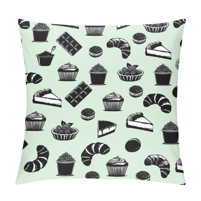 Personality  Seamless Pattern Of Desserts On Pink Background. Black And White Pastry Illustration With Pink. Stylish Food Illustration With Sweets And Pastries Pillow Covers