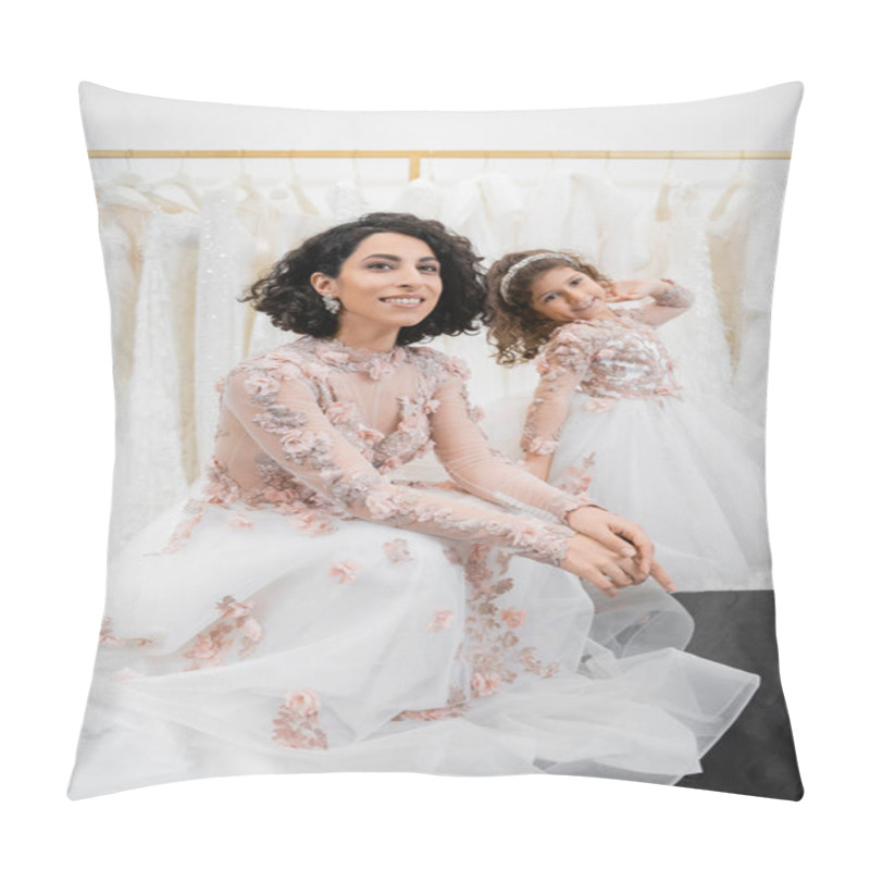 Personality  Special Moment, Charming And Happy Middle Eastern Bride In Floral Wedding Gown Sitting Next To Her Little Daughter In Bridal Salon Around White Tulle Fabrics, Bridal Shopping, Togetherness  Pillow Covers