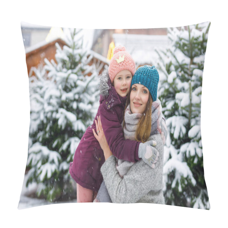 Personality  Cute Little Smiling Kid Girl And Mother On Christmas Tree Market. Happy Child, Daughter And Young Woman In Winter Clothes Choosing Xmas Tree On Xmas Market With Lights On Background On Winter Snow Day Pillow Covers