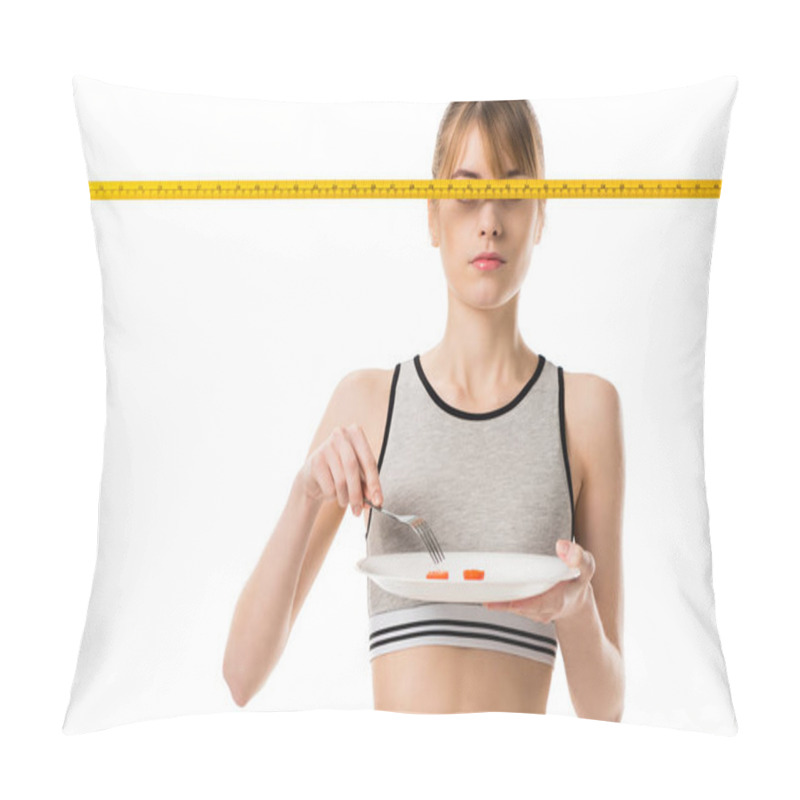 Personality  Slim Woman Eating Cherry Tomato With Measuring Tape In Front Her Eyes Isolated On White Pillow Covers