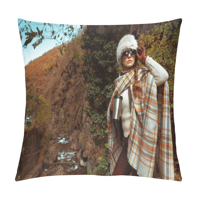 Personality  Tourist Woman With Travel Thermos Mug Looking Into The Distance Pillow Covers