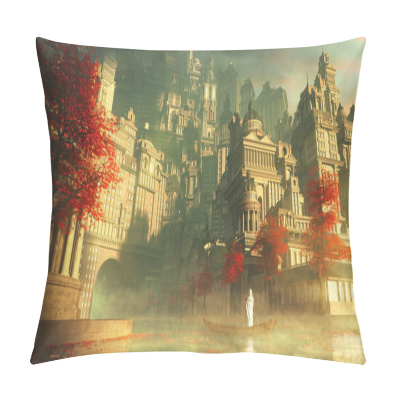 Personality  Priest On A Boat Sail To The Ancient City Of Religions In Beautiful Sunlight With Red Trees And Leaves, Foreground Out Of Focus - Concept Art - 3D Rendering Pillow Covers