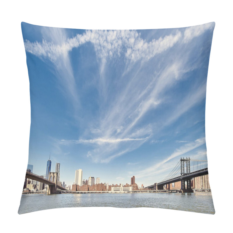 Personality  Manhattan Skyline View From Brooklyn Between Brooklyn Bridge And Manhattan Bridge In New York City Pillow Covers