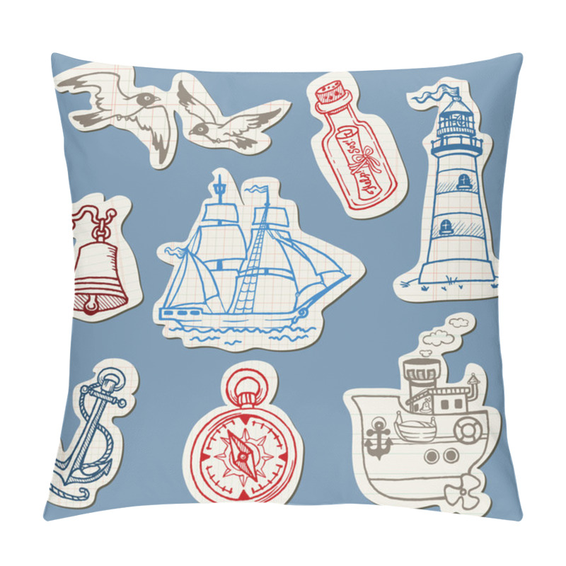 Personality  Nautical Doodles On Torn Paper- Hand Drawn Collection In Vector Pillow Covers