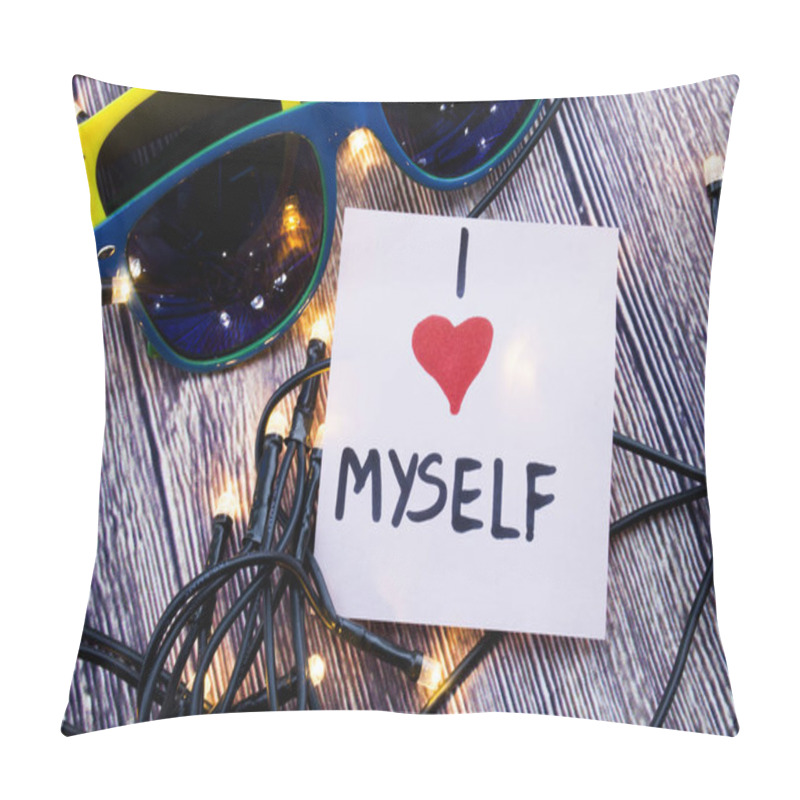 Personality  I Love Myself Concept Handwritten On The Paper With Wooden Background. Emotional And Love Concept With Retro Background. Egoistic Concept With I Love Myself Words Pillow Covers