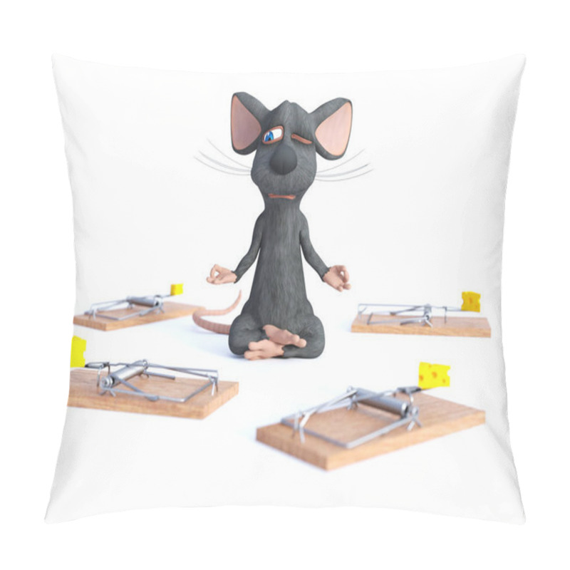 Personality  3D Rendering Of A Cartoon Mouse Doing Yoga, Sitting In A Lotus Pose With Hands In A Chin Mudra Pose And Meditating With One Eye Open, Looking Nervous, Surrounded By Mouse Traps. Concept Of Staying Calm. White Background. Pillow Covers