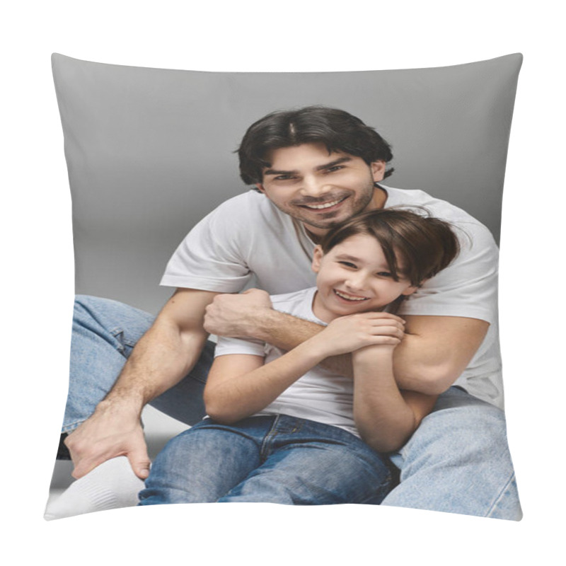 Personality  A Father And Son Share A Loving Embrace, Both Smiling Brightly. Pillow Covers